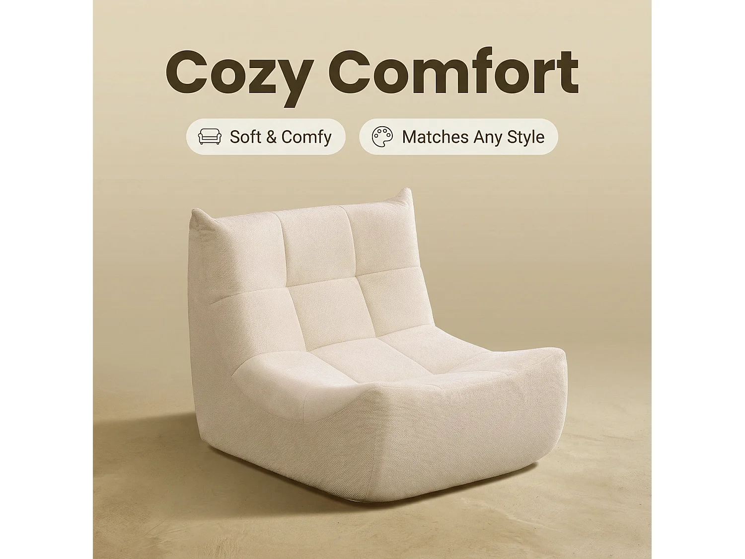 Fauteuil chauffeuse capitonné en tissu chenille beige, mousse mémoire