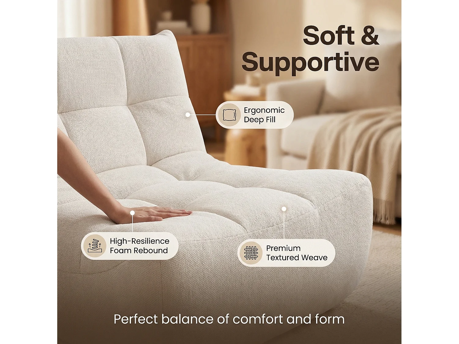Fauteuil chauffeuse capitonné en tissu chenille beige, mousse mémoire