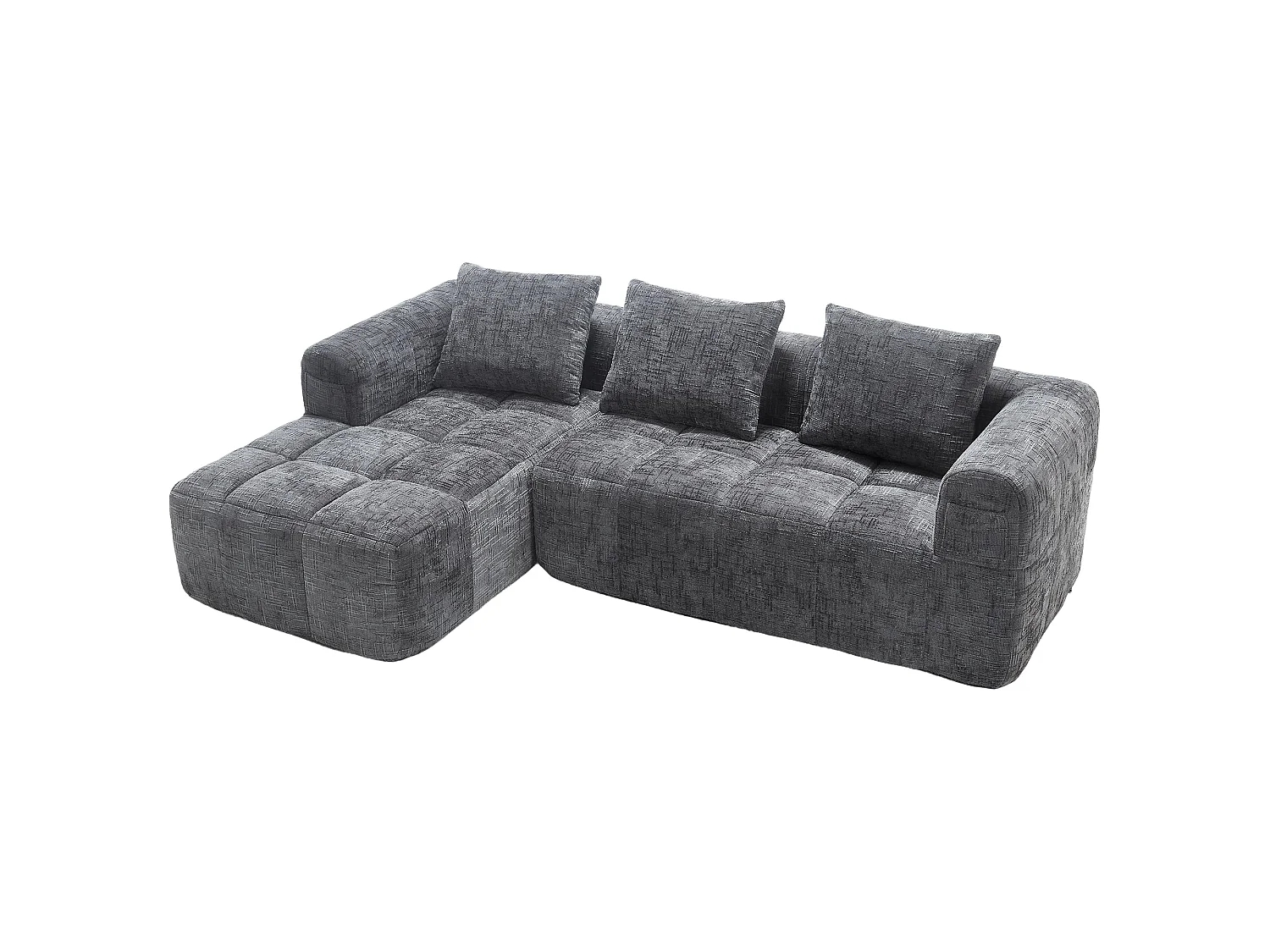 Canapé d'angle 3 places en chenille gris avec méridienne et poches