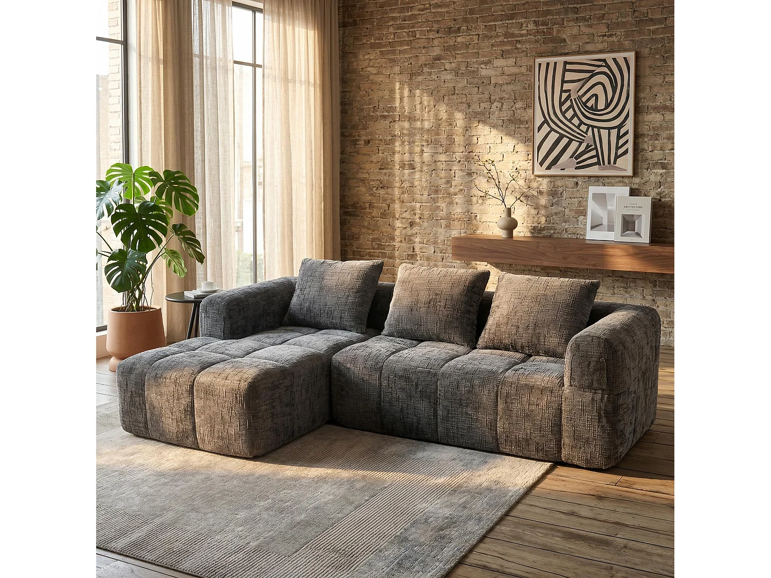 Canapé d'angle 3 places en chenille gris avec méridienne et poches