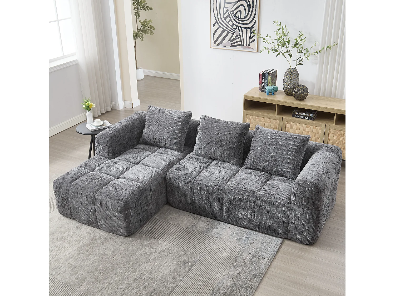 Canapé d'angle 3 places en chenille gris avec méridienne et poches