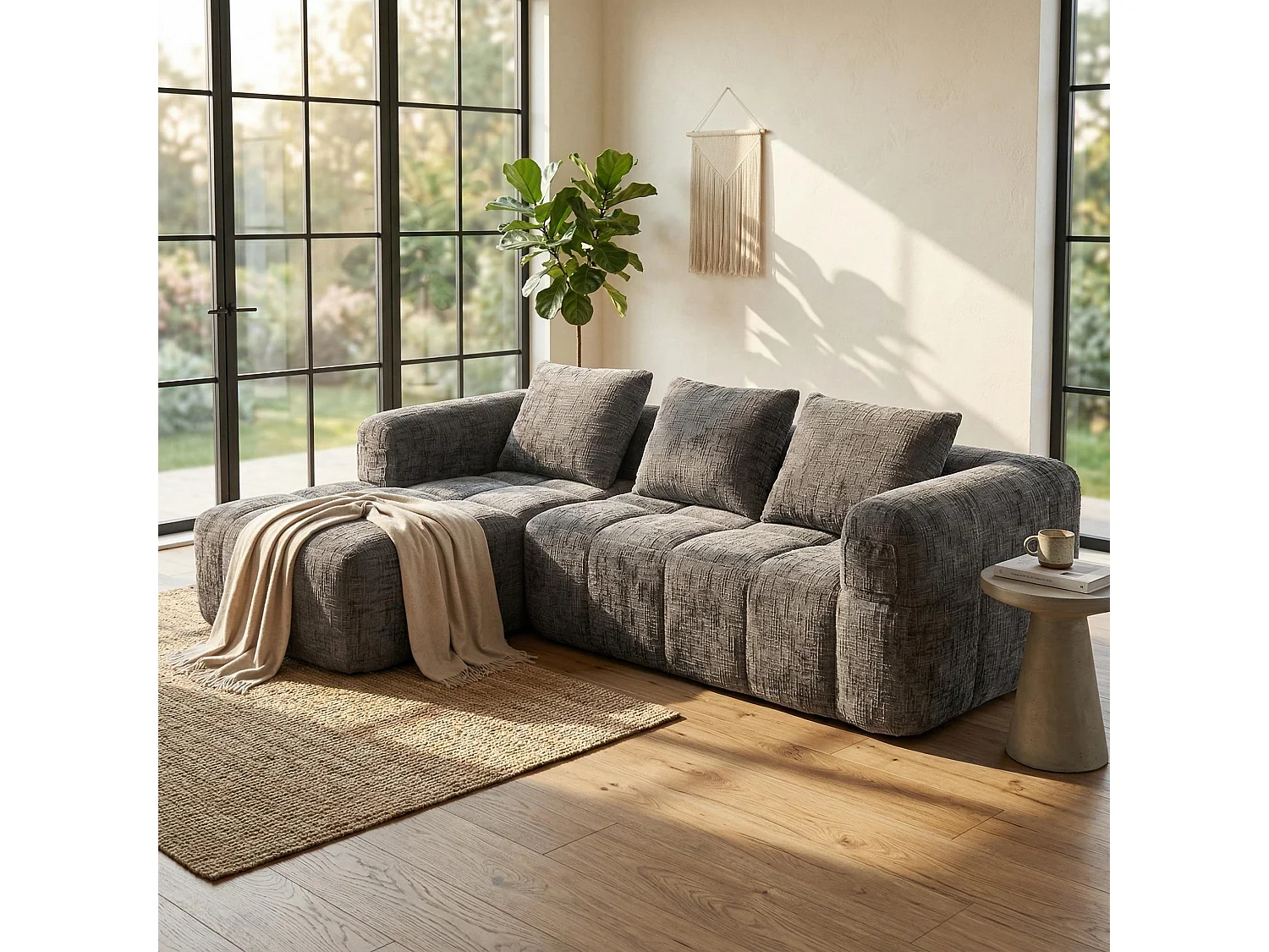 Canapé d'angle 3 places en chenille gris avec méridienne et poches