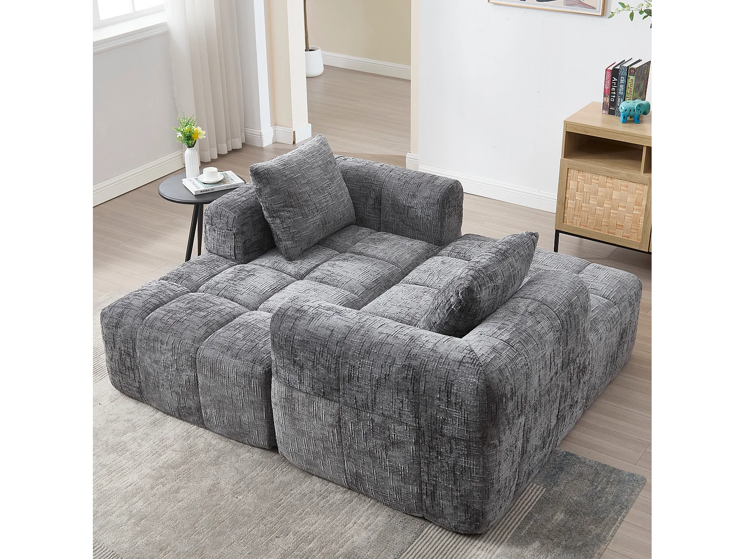Canapé d'angle 3 places en chenille gris avec méridienne et poches