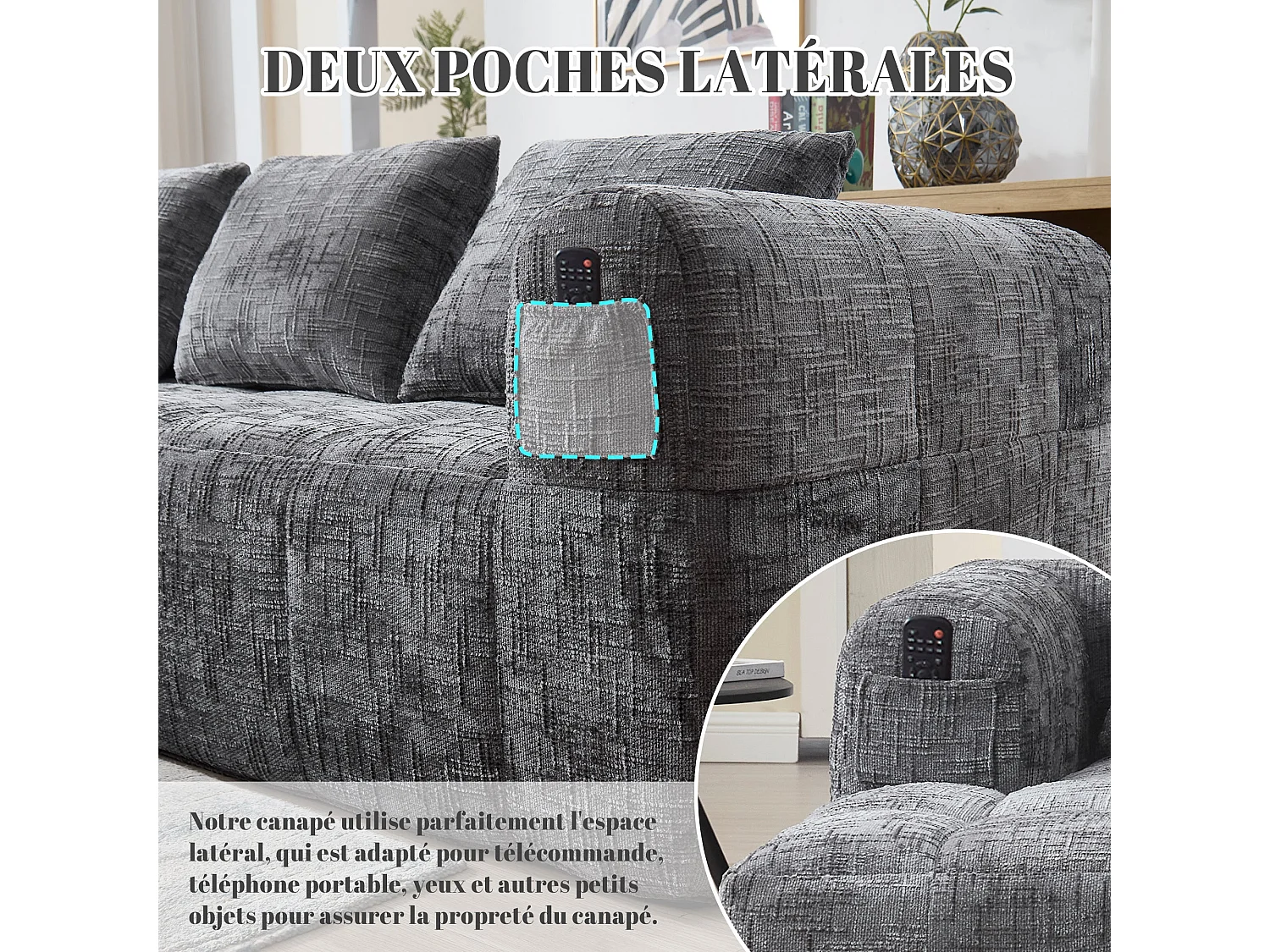 Canapé d'angle 3 places en chenille gris avec méridienne et poches