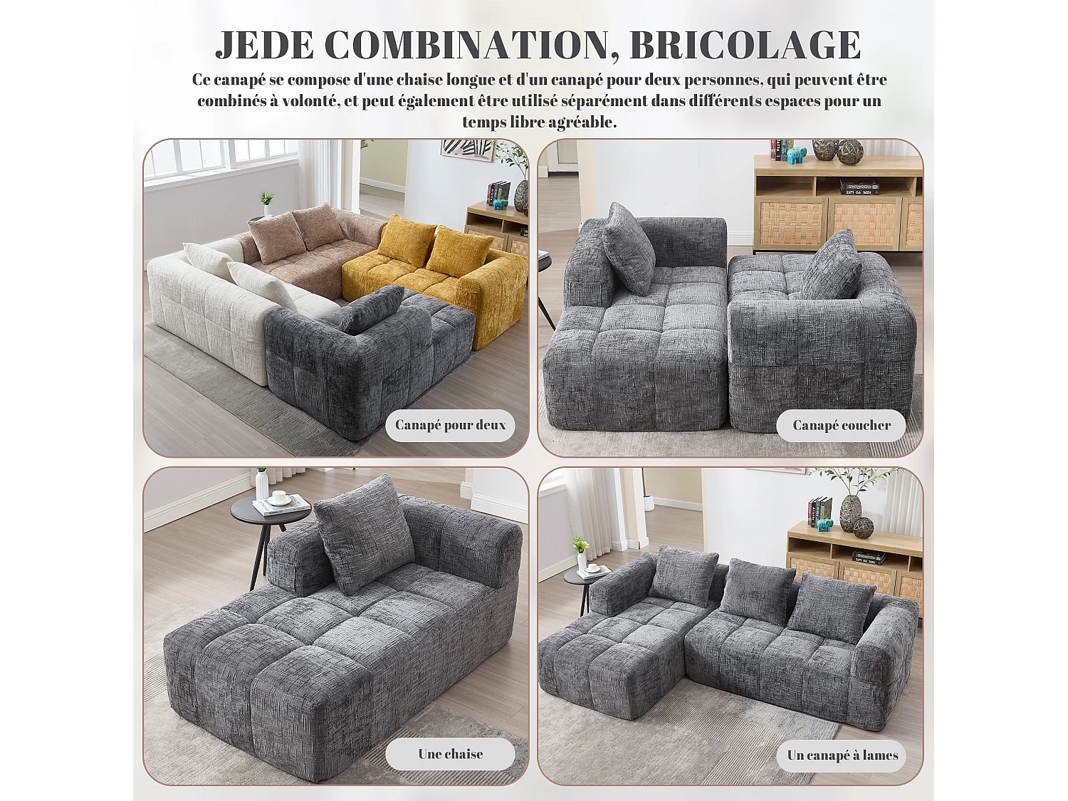 Canapé d'angle 3 places en chenille gris avec méridienne et poches