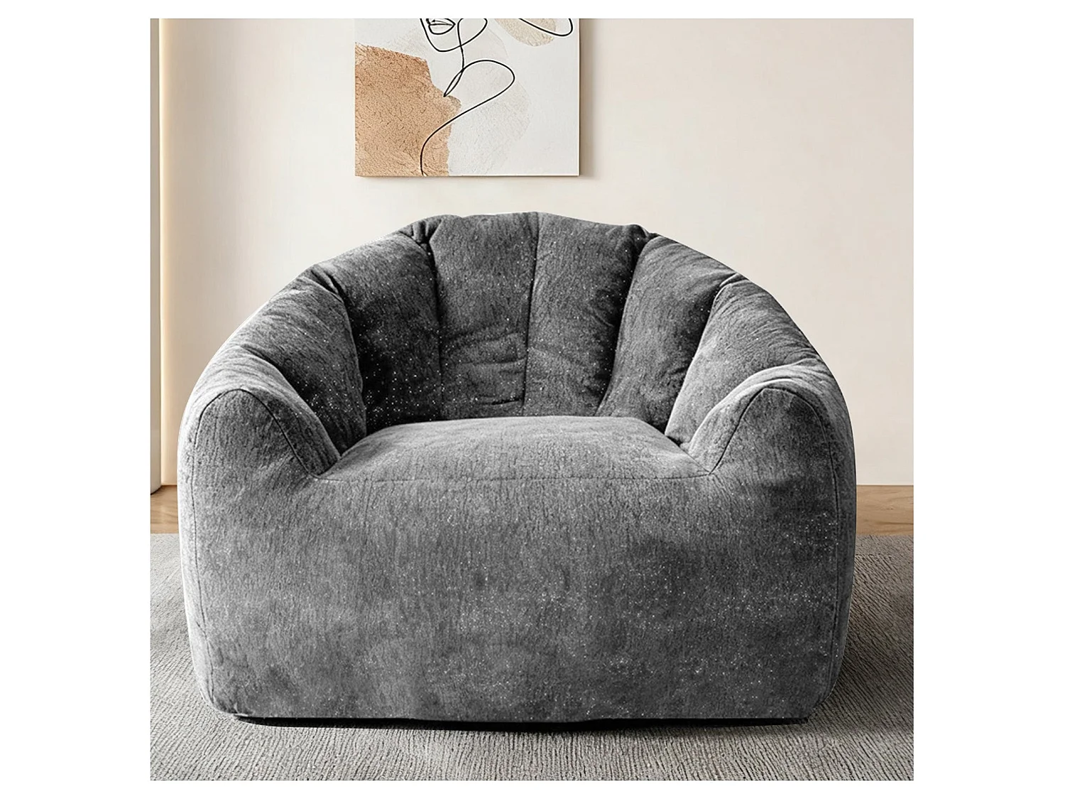 Fauteuil pouf bean bag rond tissu flanelle gris avec paillettes 99x86x64cm