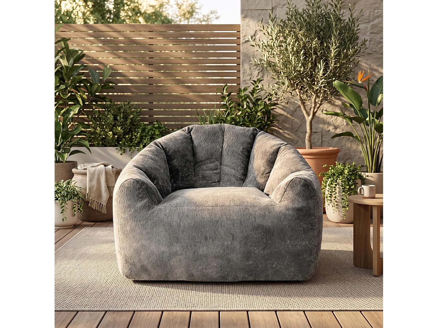 Fauteuil pouf bean bag rond tissu flanelle gris avec paillettes 99x86x64cm