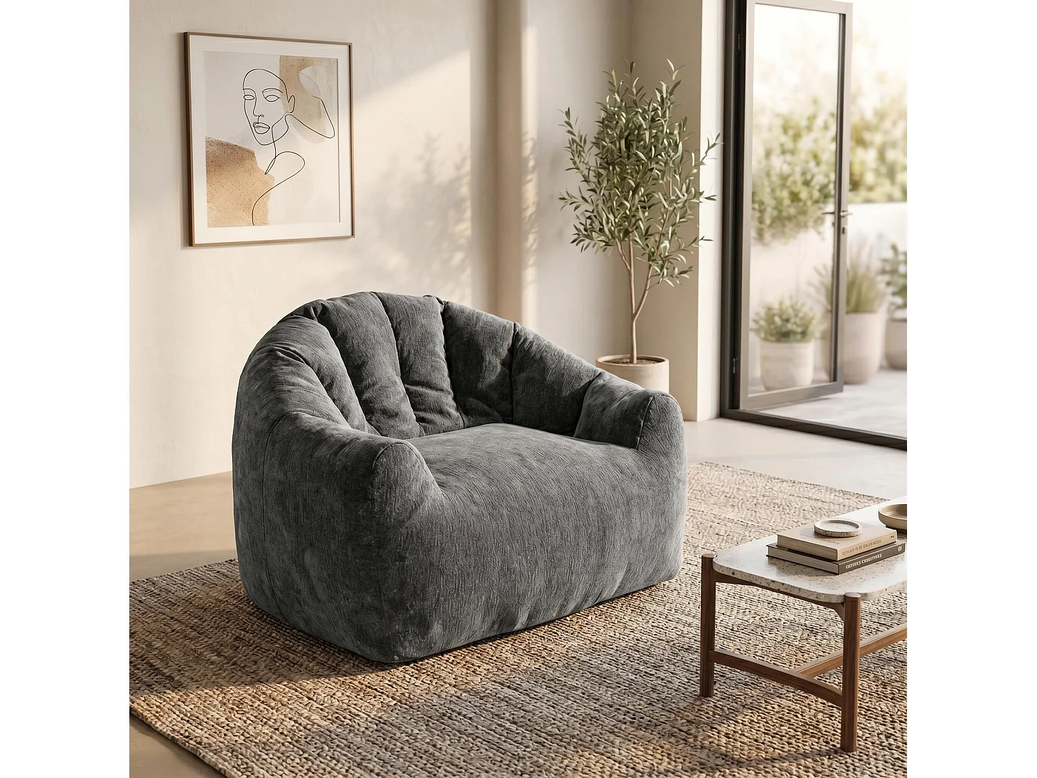Fauteuil pouf bean bag rond tissu flanelle gris avec paillettes 99x86x64cm