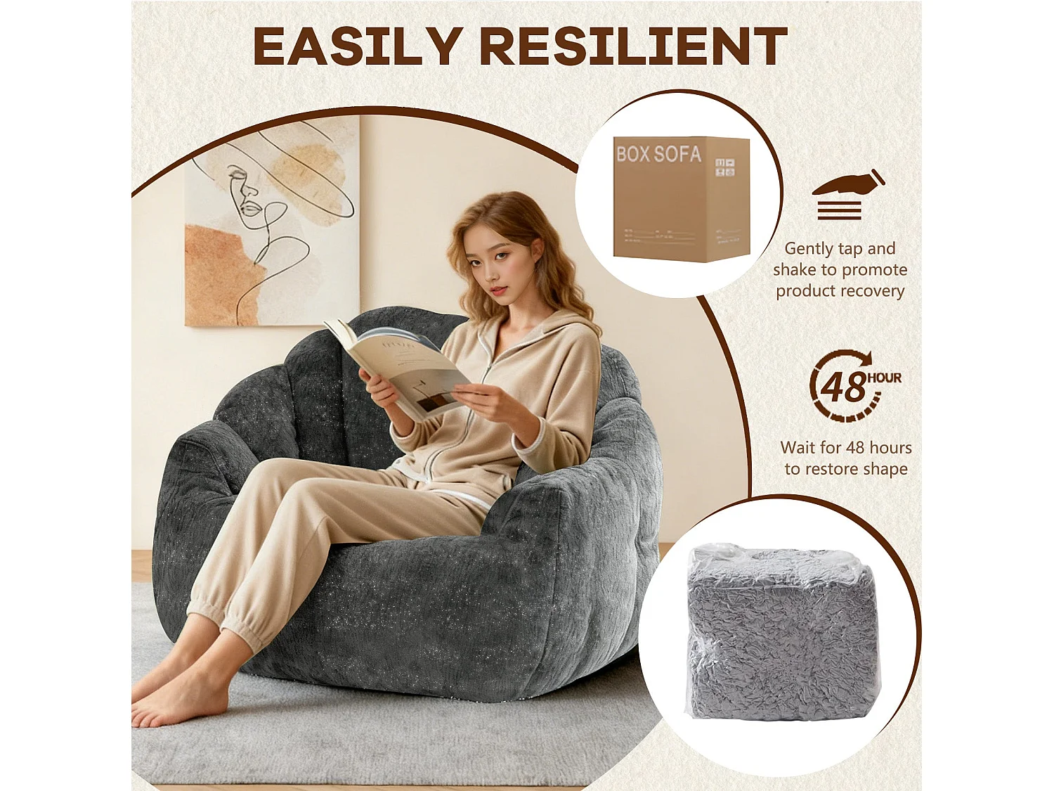 Fauteuil pouf bean bag rond tissu flanelle gris avec paillettes 99x86x64cm