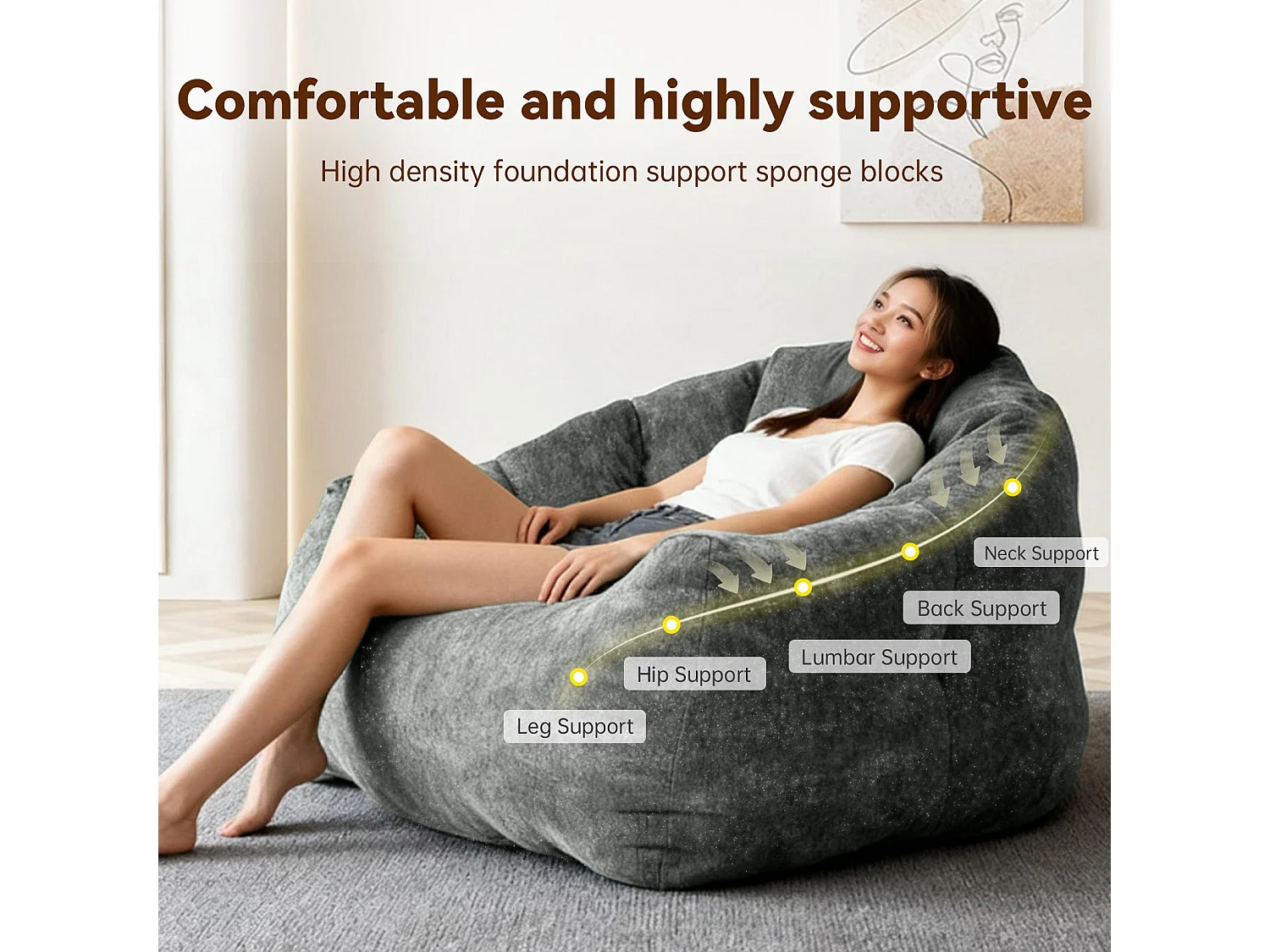 Fauteuil pouf bean bag rond tissu flanelle gris avec paillettes 99x86x64cm