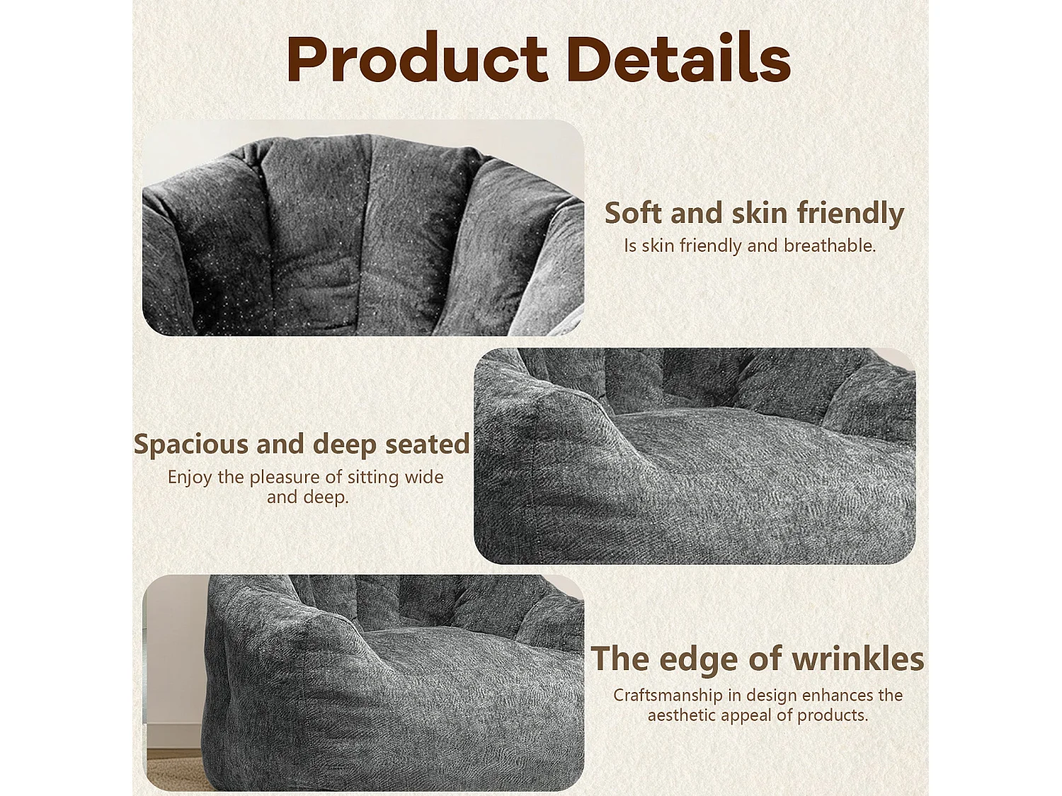 Fauteuil pouf bean bag rond tissu flanelle gris avec paillettes 99x86x64cm