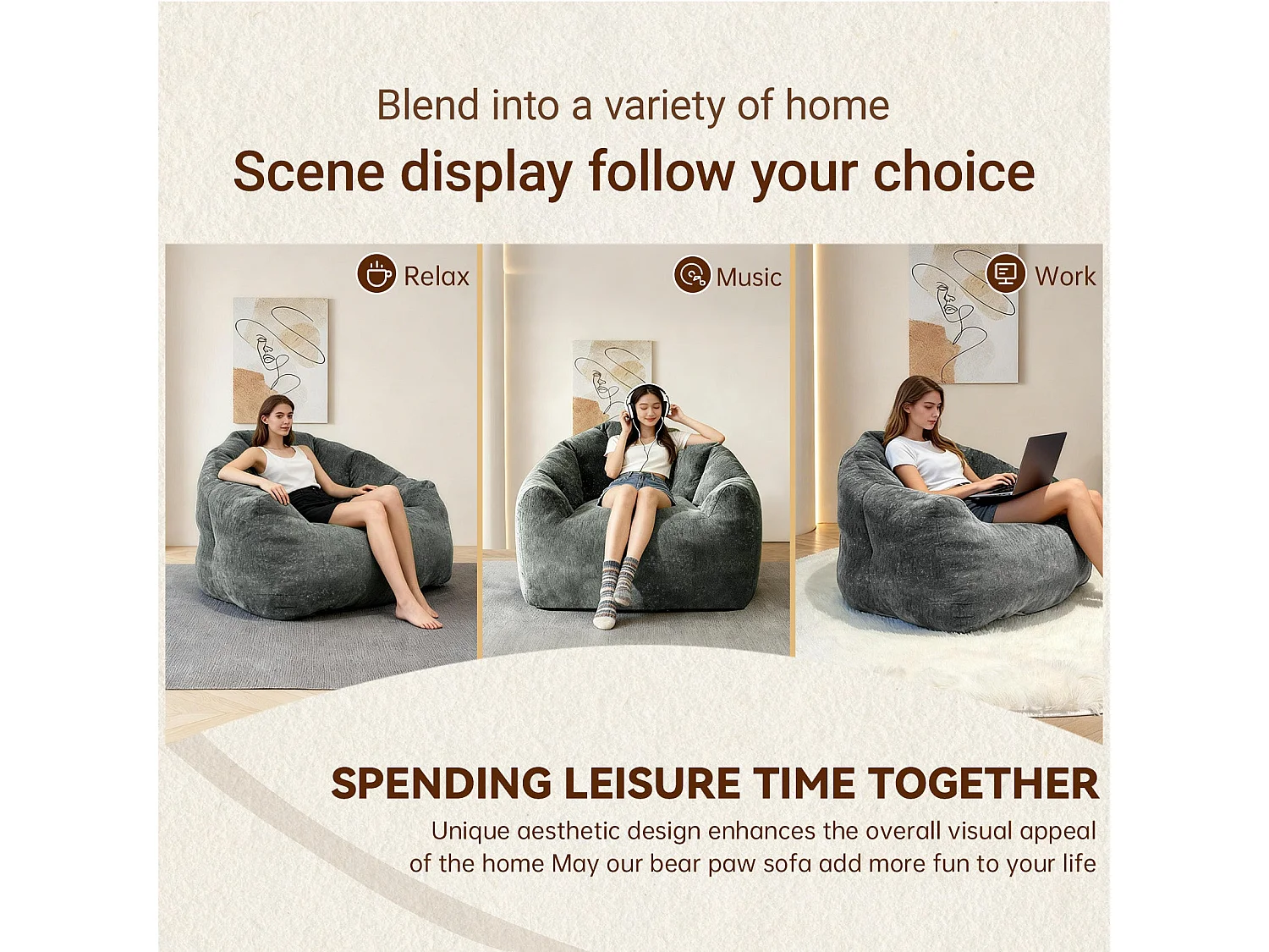 Fauteuil pouf bean bag rond tissu flanelle gris avec paillettes 99x86x64cm