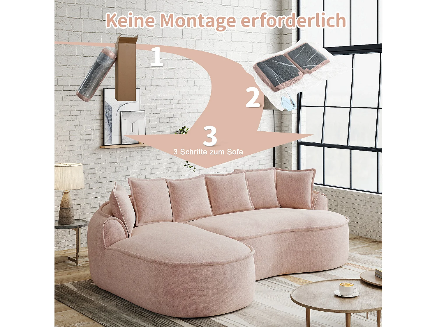 Canapé d'angle modulable tissu chenille rose sans cadre 252x164cm