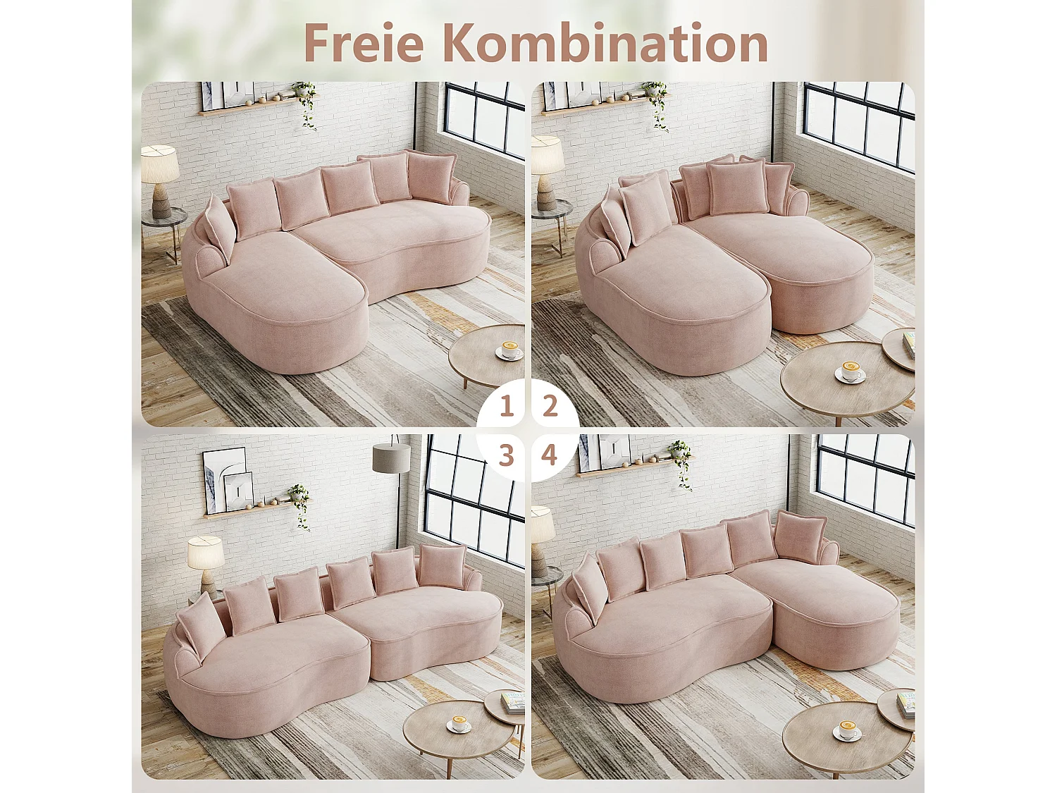 Canapé d'angle modulable tissu chenille rose sans cadre 252x164cm