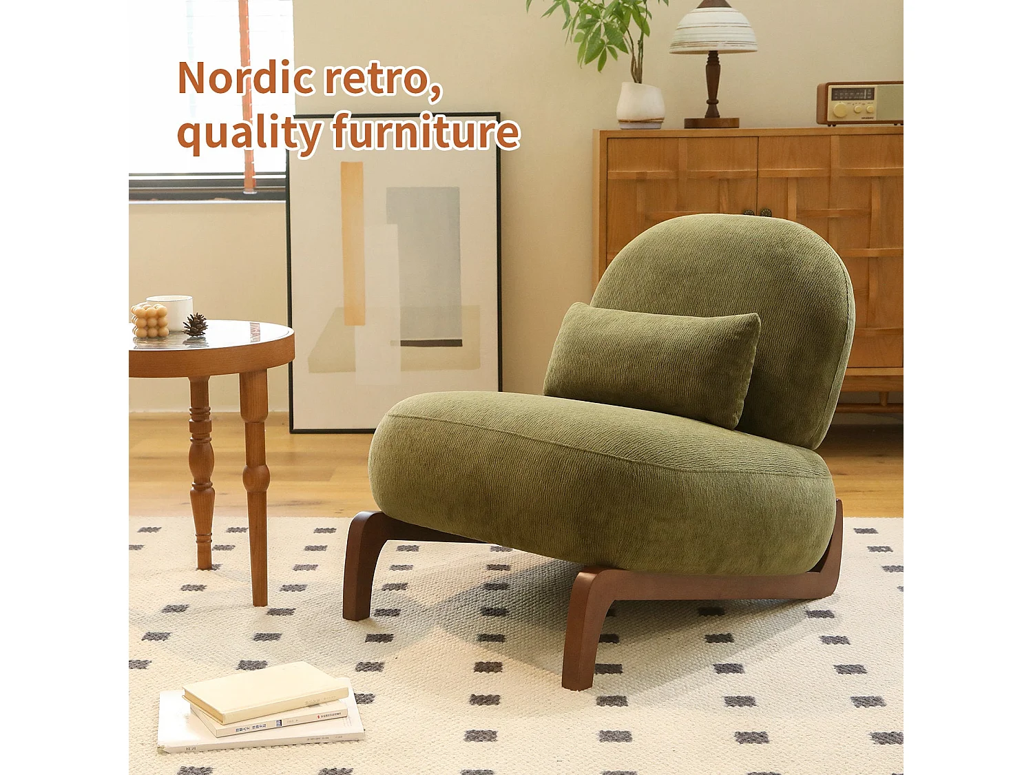 Fauteuil en velours vert olive, pieds en bois massif 86,9x72,1x69,9cm