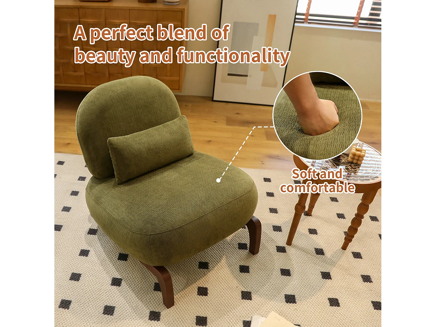 Fauteuil en velours vert olive, pieds en bois massif 86,9x72,1x69,9cm
