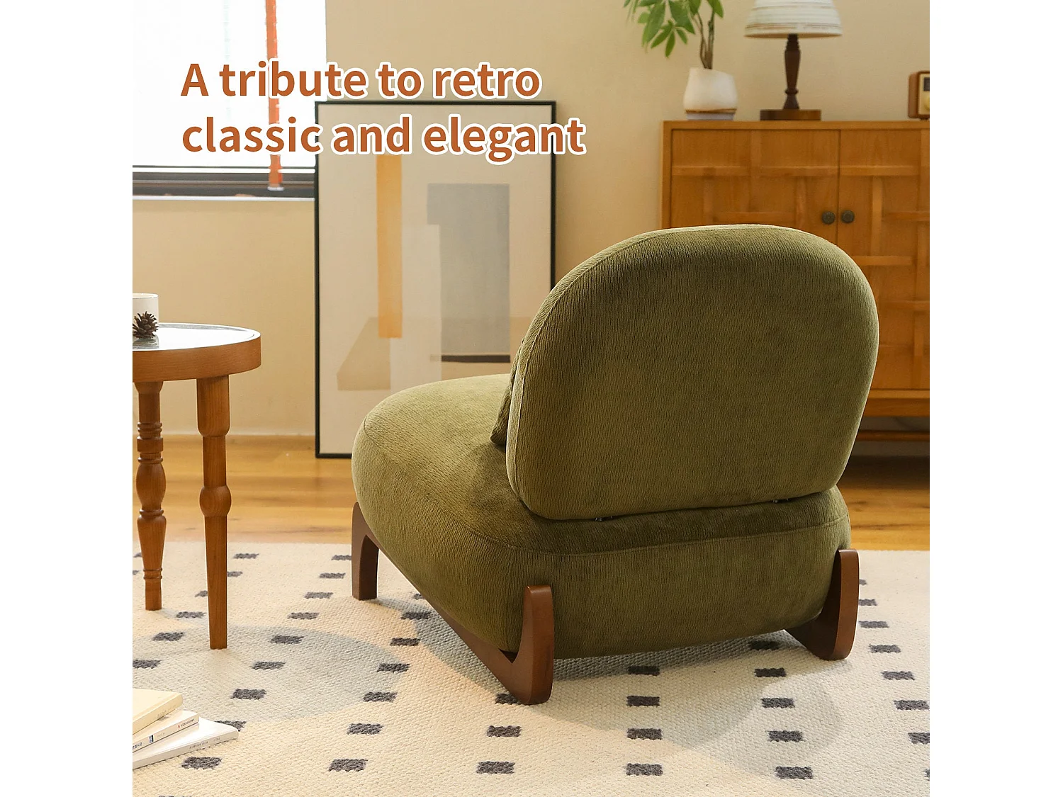 Fauteuil en velours vert olive, pieds en bois massif 86,9x72,1x69,9cm