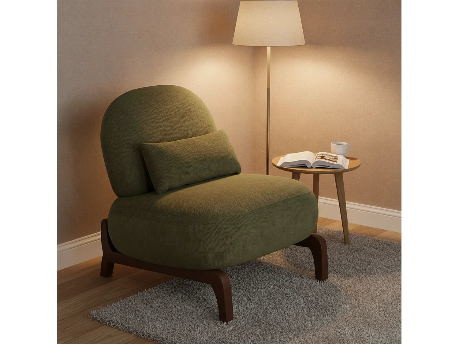 Fauteuil en velours vert olive, pieds en bois massif 86,9x72,1x69,9cm
