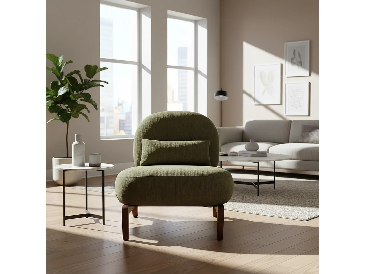 Fauteuil en velours vert olive, pieds en bois massif 86,9x72,1x69,9cm