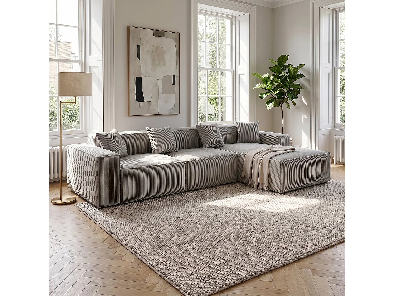 Canapé d'angle modulable convertible tissu côtelé gris, sans montage