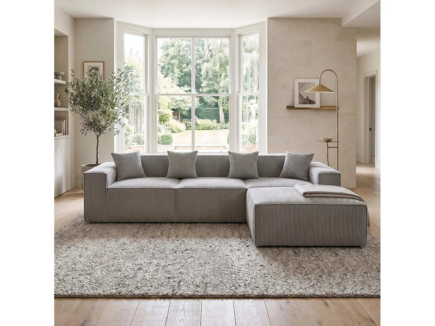 Canapé d'angle modulable convertible tissu côtelé gris, sans montage