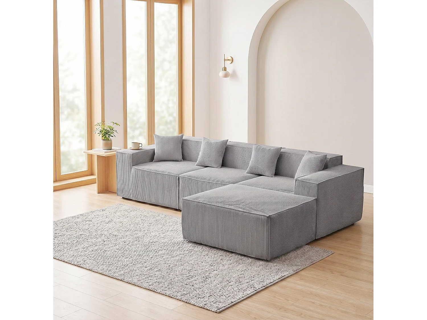 Canapé d'angle modulable convertible tissu côtelé gris, sans montage