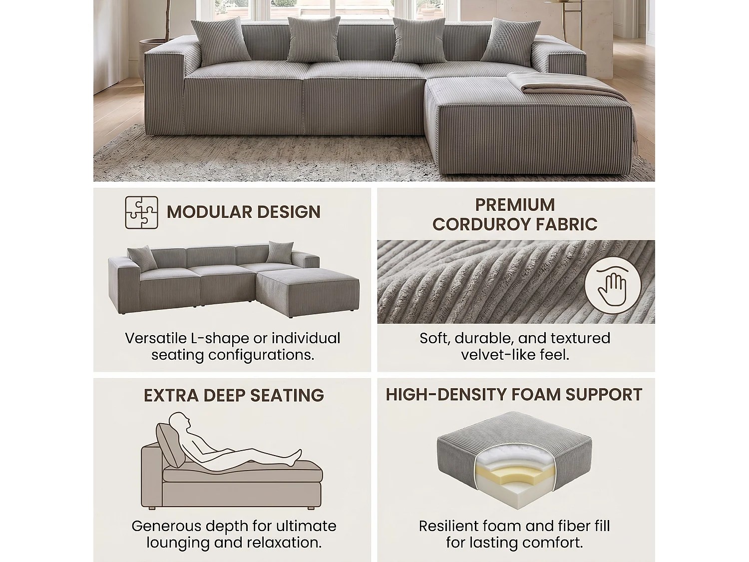 Canapé d'angle modulable convertible tissu côtelé gris, sans montage