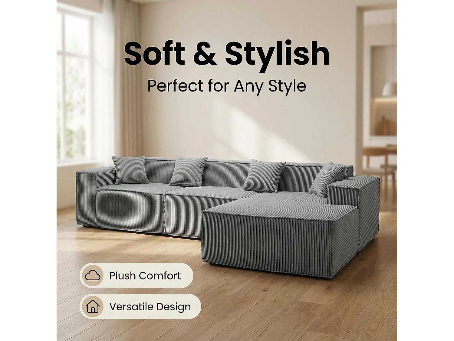 Canapé d'angle modulable convertible tissu côtelé gris, sans montage