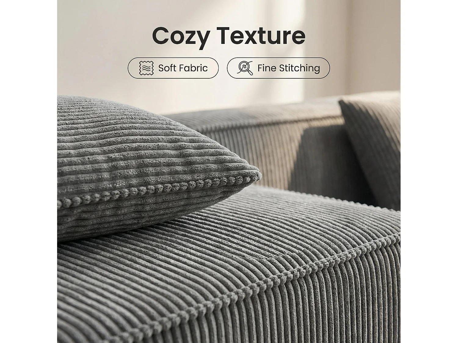 Canapé d'angle modulable convertible tissu côtelé gris, sans montage