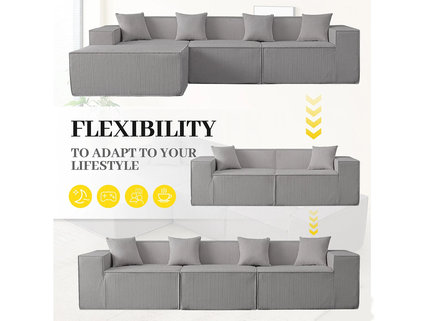 Canapé d'angle modulable convertible tissu côtelé gris, sans montage