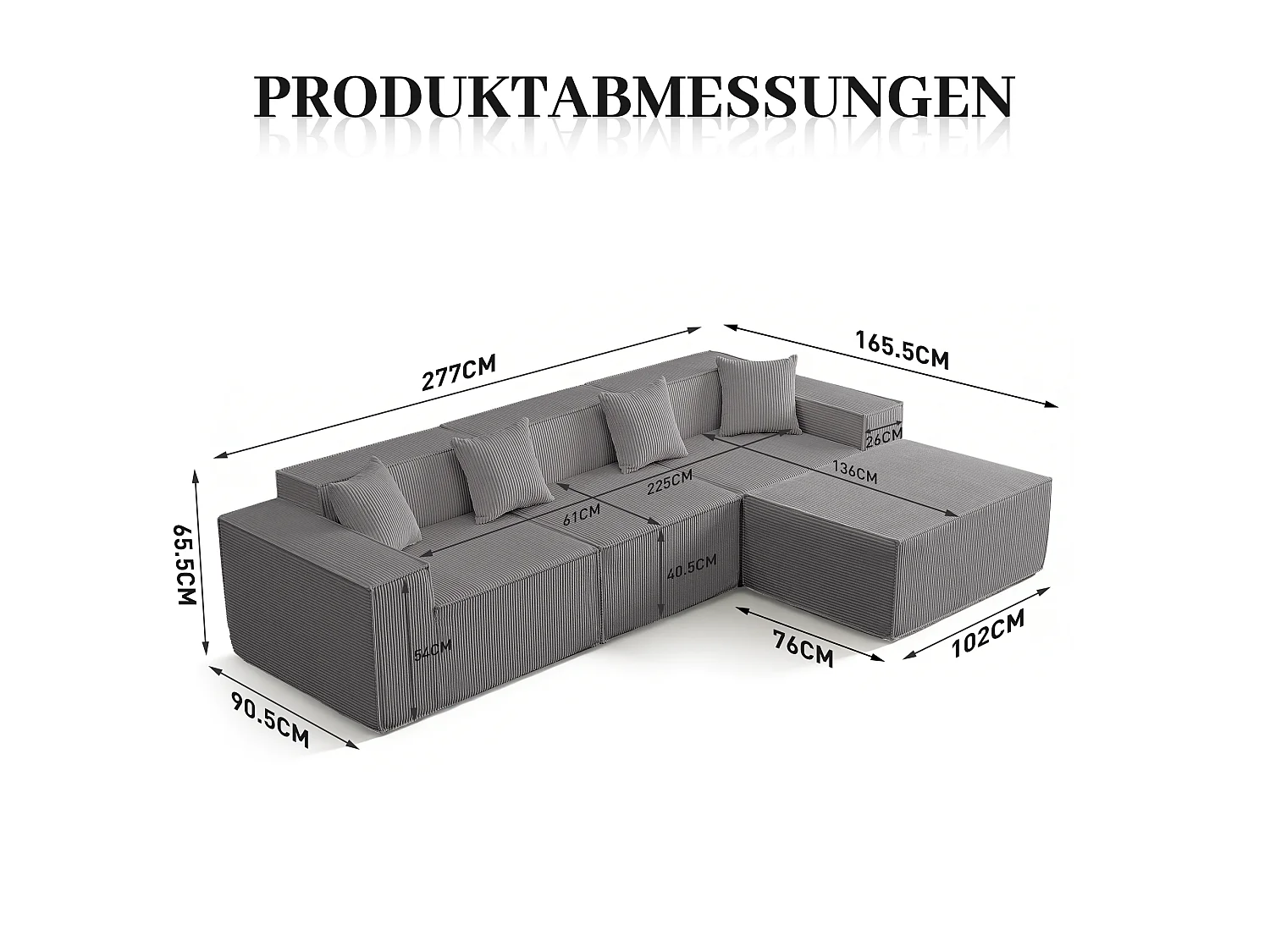 Canapé d'angle modulable convertible tissu côtelé gris, sans montage