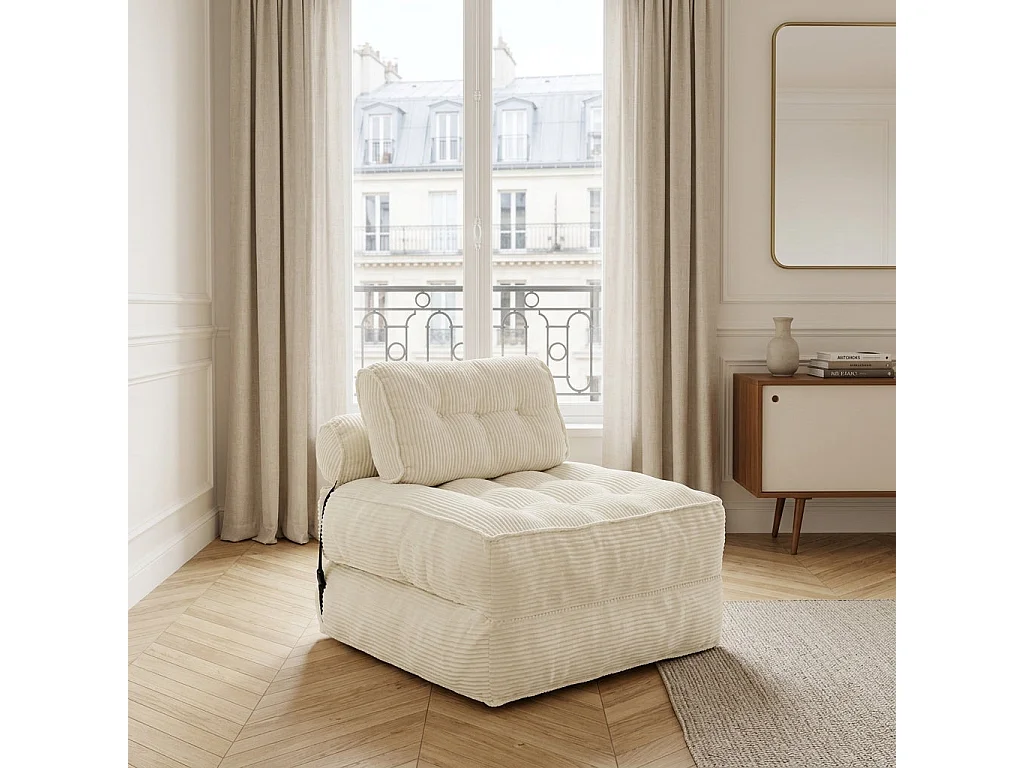 Chauffeuse convertible 1 place fauteuil de sol en velours côtelé beige