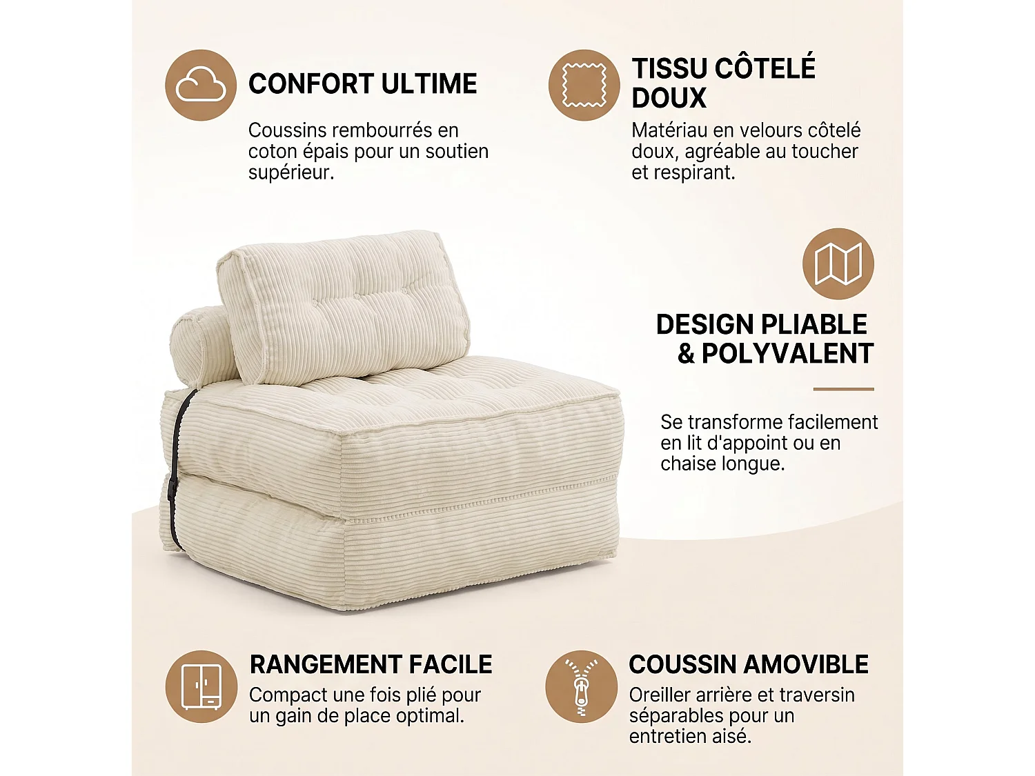 Chauffeuse convertible 1 place fauteuil de sol en velours côtelé beige