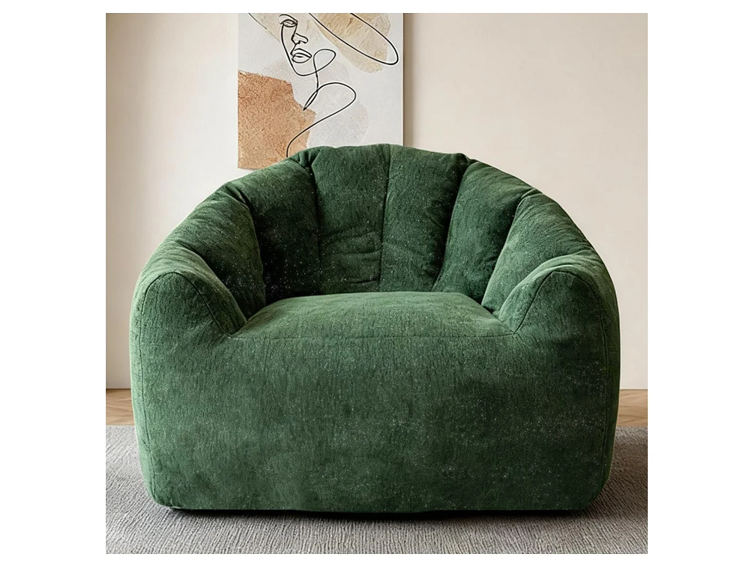 Fauteuil pouf bean bag rond tissu flanelle vert avec paillettes 99x86x64cm