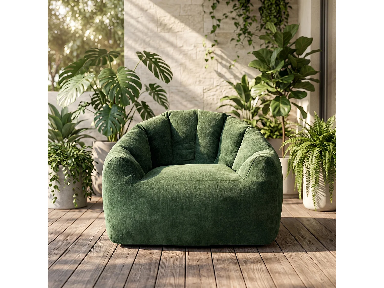 Fauteuil pouf bean bag rond tissu flanelle vert avec paillettes 99x86x64cm
