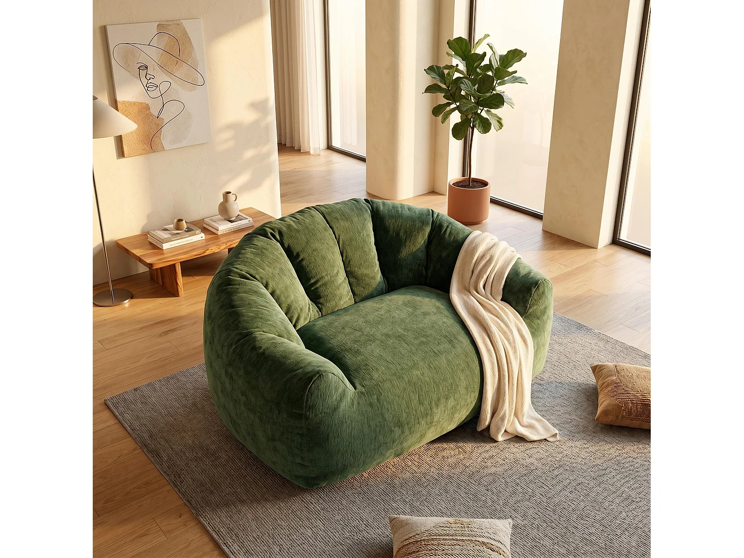 Fauteuil pouf bean bag rond tissu flanelle vert avec paillettes 99x86x64cm