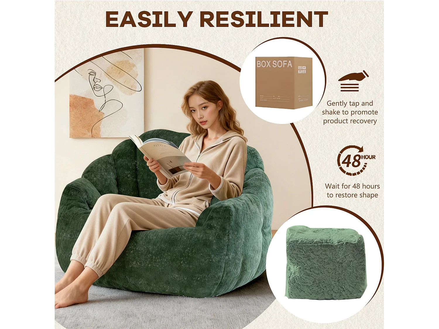 Fauteuil pouf bean bag rond tissu flanelle vert avec paillettes 99x86x64cm