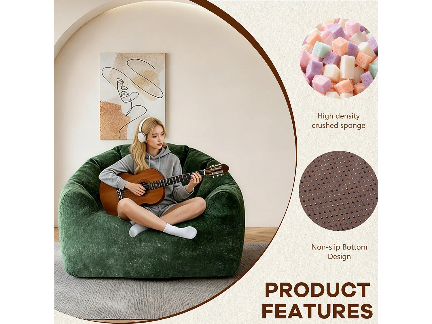Fauteuil pouf bean bag rond tissu flanelle vert avec paillettes 99x86x64cm