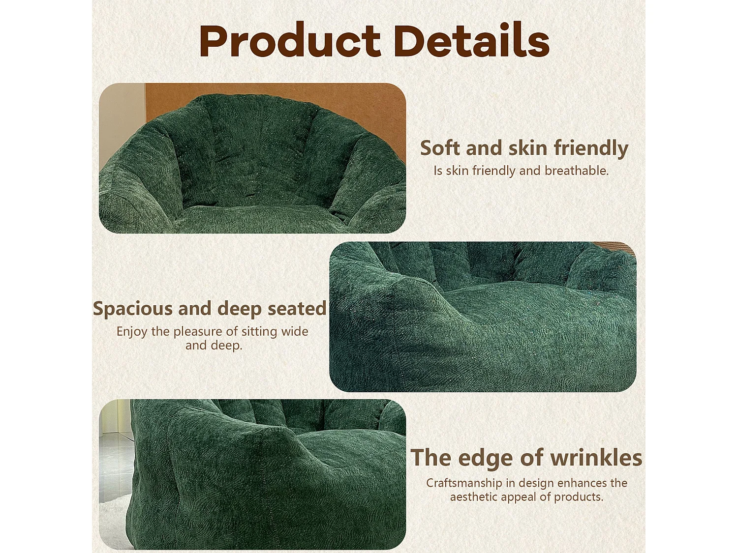 Fauteuil pouf bean bag rond tissu flanelle vert avec paillettes 99x86x64cm