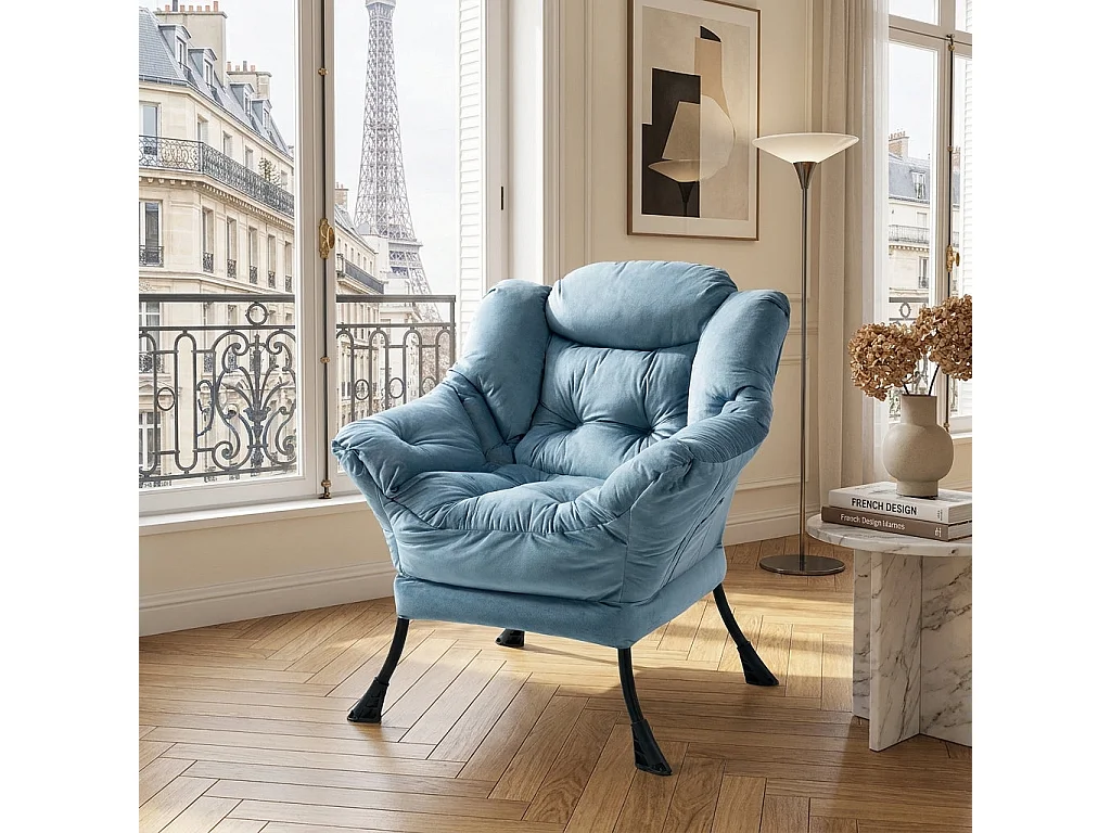 Fauteuil rembouré tissu bleu clair en pieds métal poche latérale