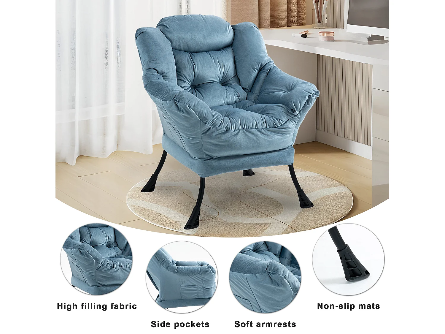Fauteuil rembouré tissu bleu clair en pieds métal poche latérale