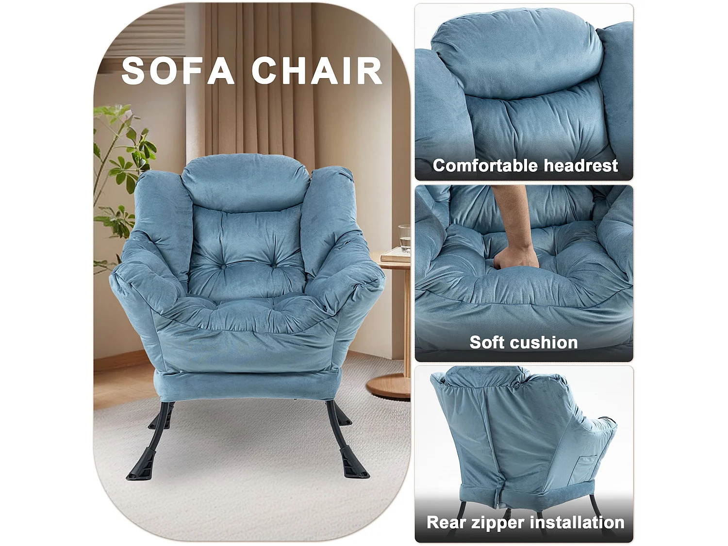 Fauteuil rembouré tissu bleu clair en pieds métal poche latérale