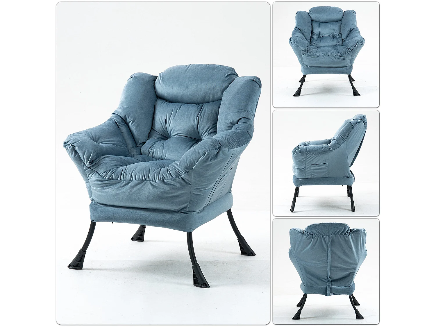 Fauteuil rembouré tissu bleu clair en pieds métal poche latérale