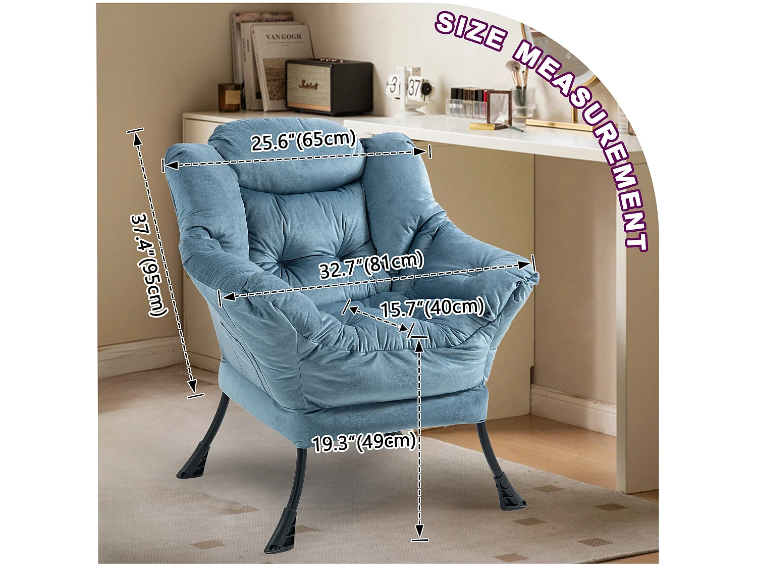 Fauteuil rembouré tissu bleu clair en pieds métal poche latérale