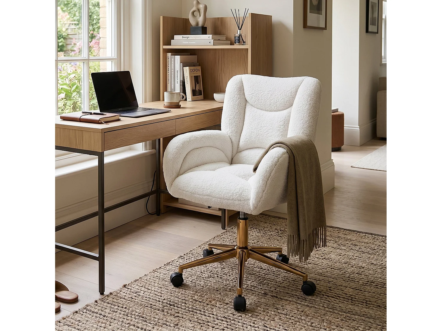 Chaise de Bureau Ergonomique en Tissu Teddy Blanc, Hauteur Réglable