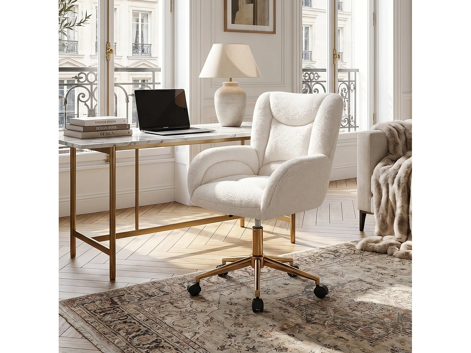 Chaise de Bureau Ergonomique en Tissu Teddy Blanc, Hauteur Réglable