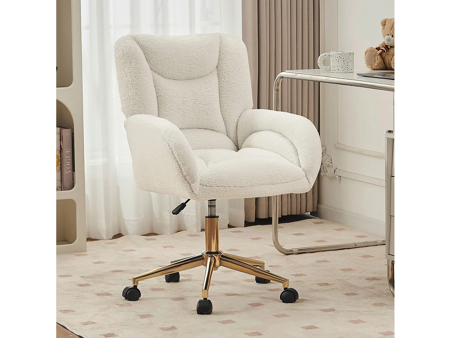 Chaise de Bureau Ergonomique en Tissu Teddy Blanc, Hauteur Réglable