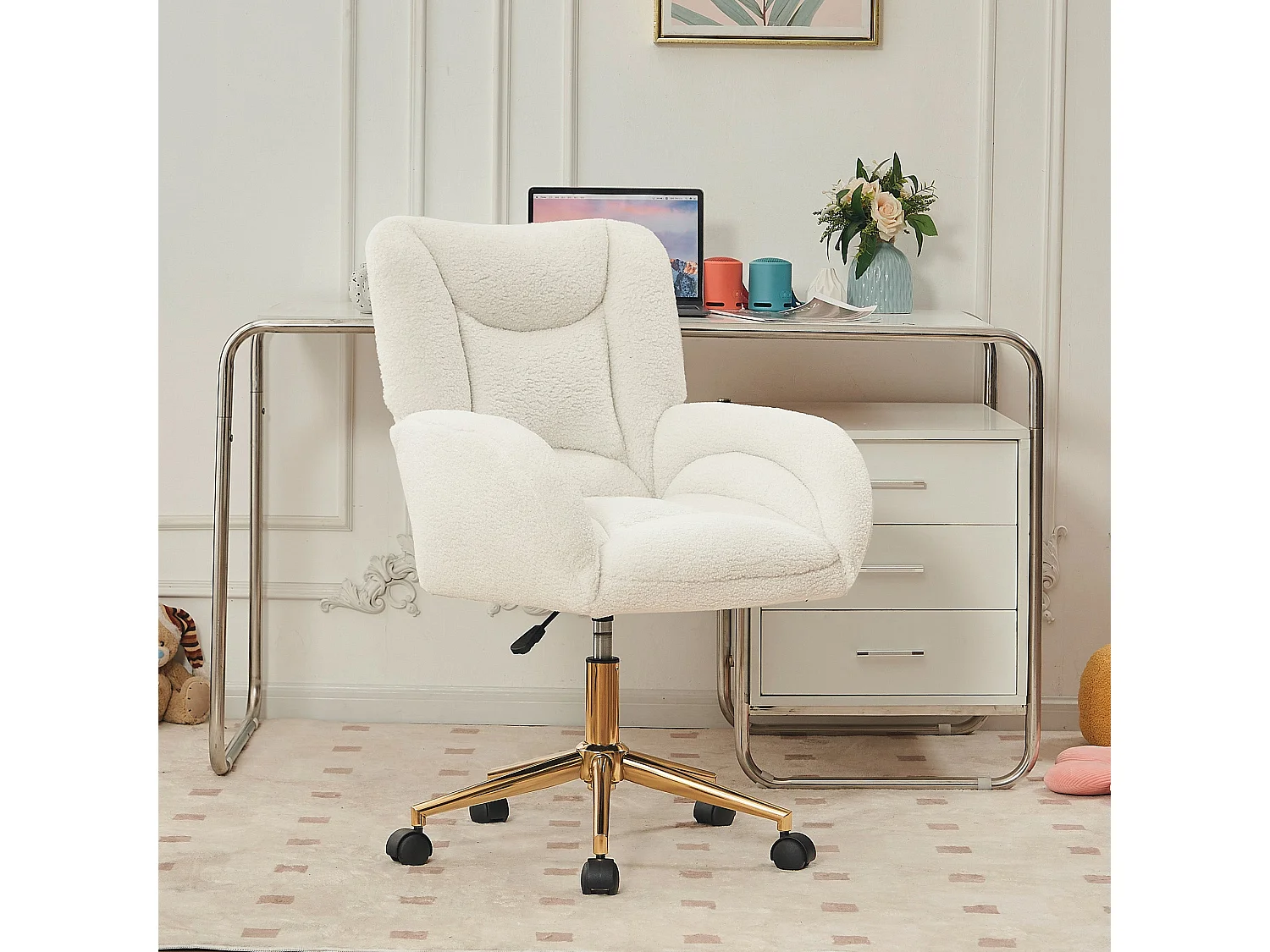 Chaise de Bureau Ergonomique en Tissu Teddy Blanc, Hauteur Réglable
