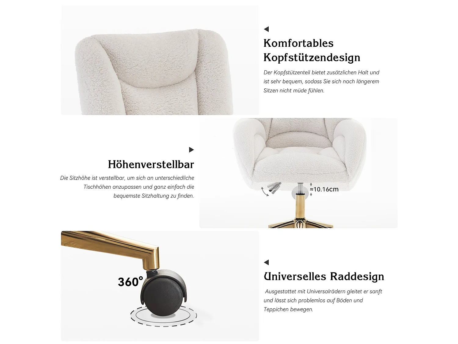 Chaise de Bureau Ergonomique en Tissu Teddy Blanc, Hauteur Réglable