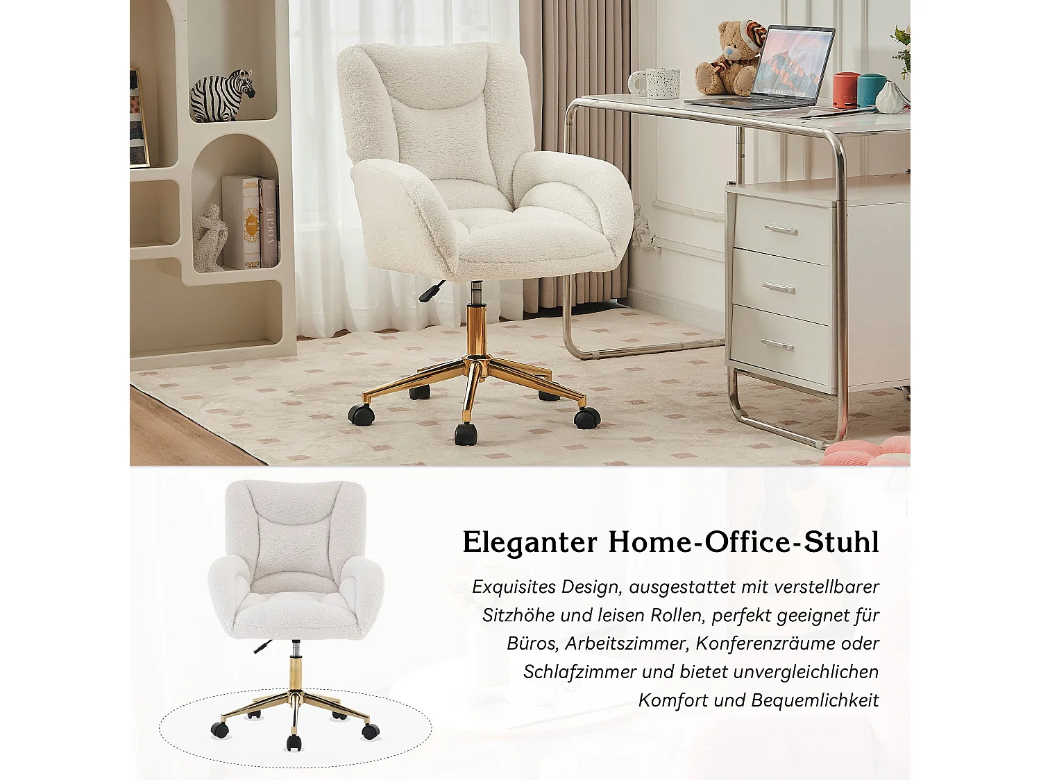 Chaise de Bureau Ergonomique en Tissu Teddy Blanc, Hauteur Réglable
